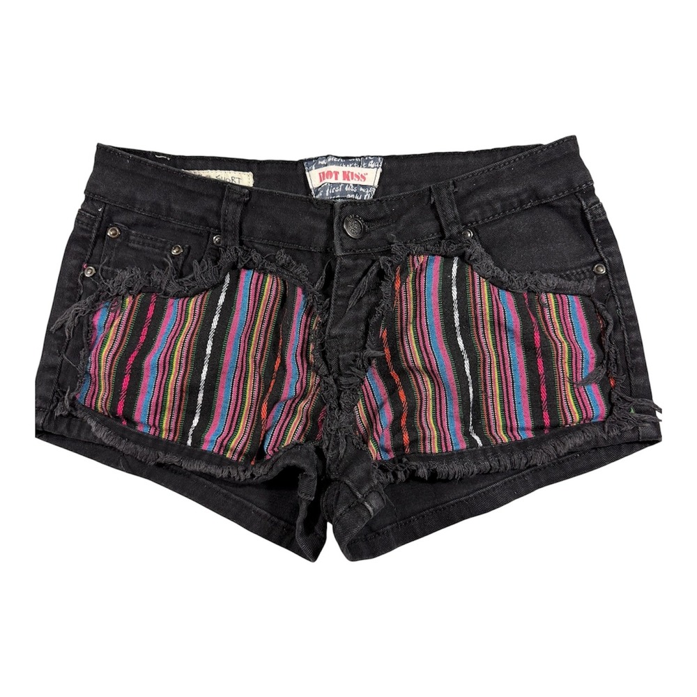 Hot Kiss Cici Shorts Womens 9 Black Denim Striped Panel Frayed Boho HS2389BB5